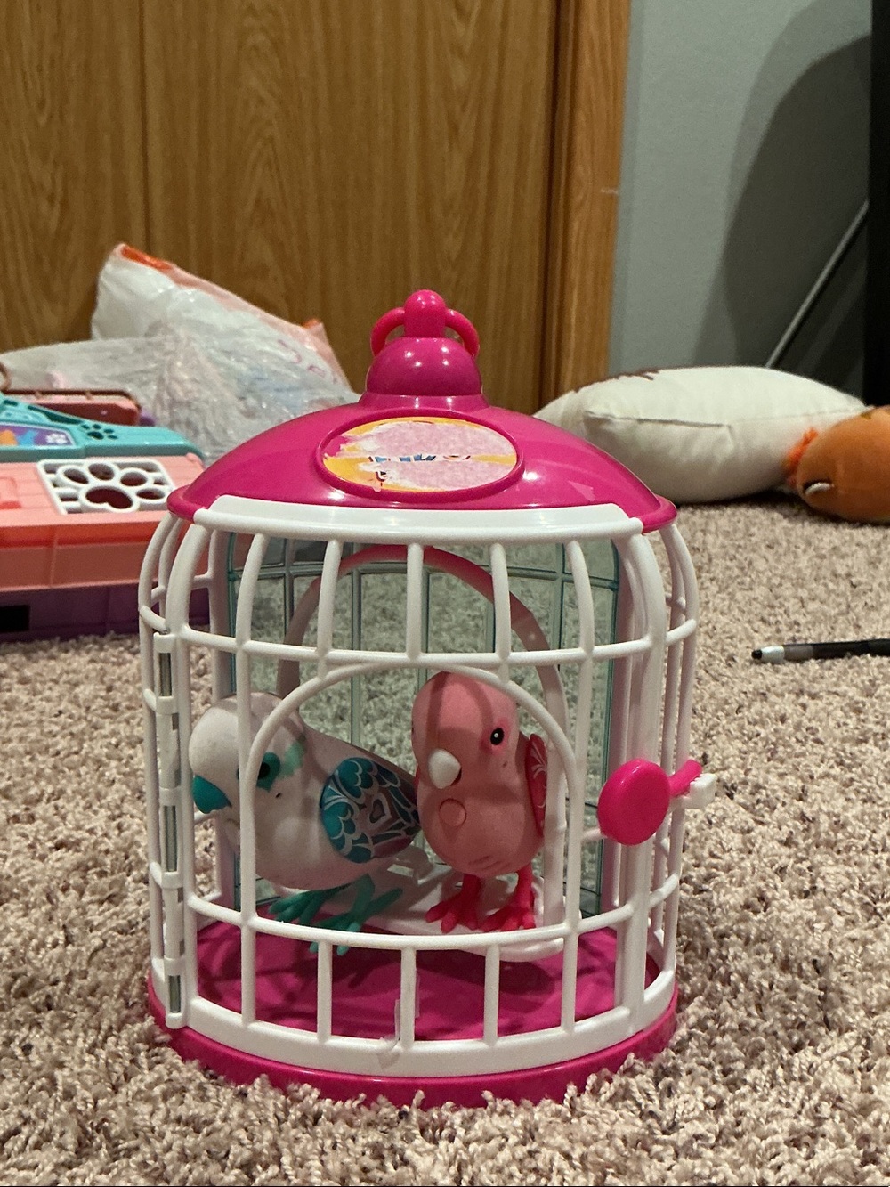 Pink Toy Bird Cage Playset with Two Interactive Birds